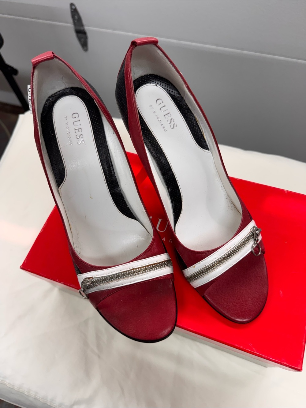 Guess Red and White Zip-Trim Women's Heels
